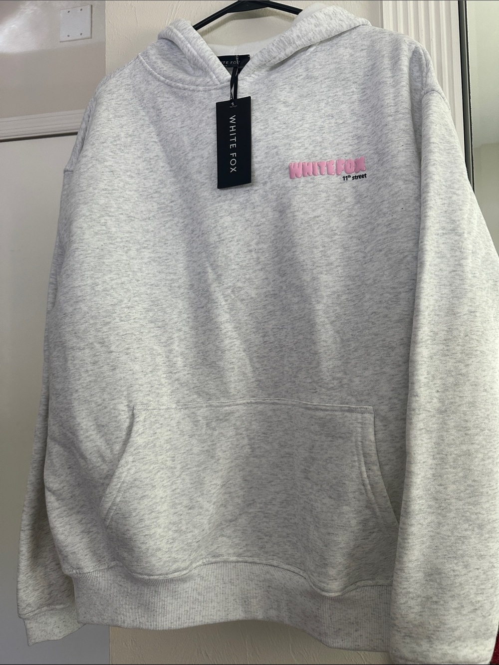 White Fox Boutique Heather Gray Hoodie with Pink Logo
